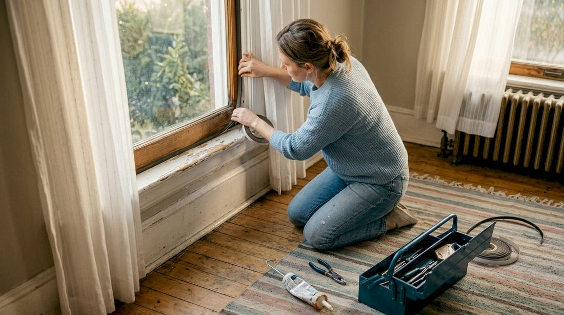 Iemand die een tochtgat bij het raam in een oud huis dichtmaakt.