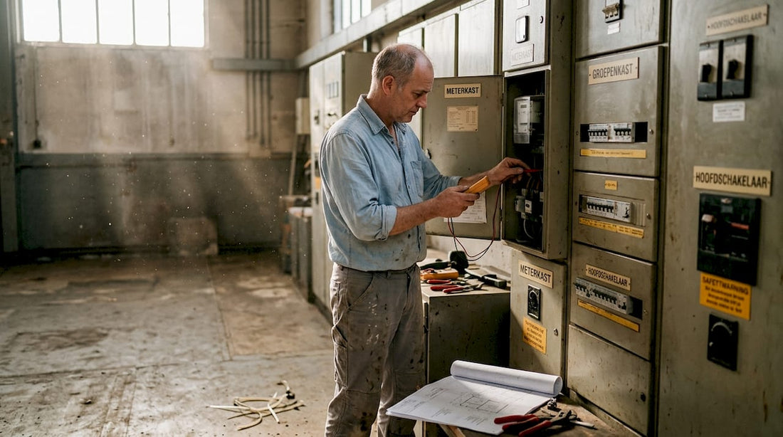 De elektricien is bezig met het onderhouden van de installatie.