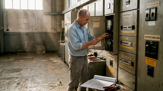 De elektricien is bezig met het onderhouden van de installatie.