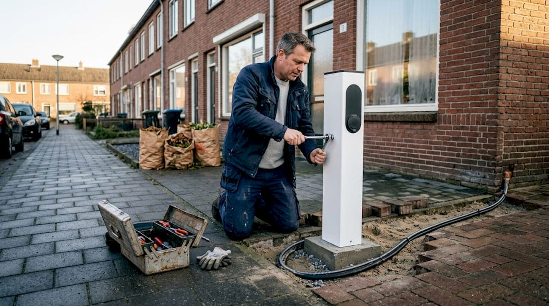 Een installateur plaatst een laadpaal bij de oprit van een woning.