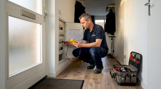 Een elektricien loopt het huis na om te controleren of alle elektrische installaties goed werken.