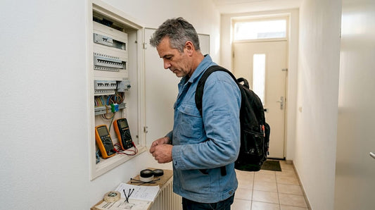 Een elektricien voert een inspectie uit aan de groepenkast in huis.