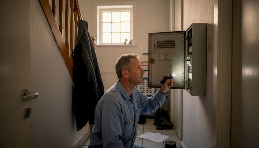 Een technicus voert een inspectie uit aan de elektrische verdeelkast in de bedrijfshal.