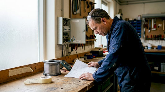 Een elektricien bestudeert het schema bij de meterkast.