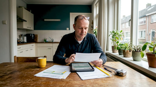 Een woningeigenaar bekijkt het energierapport aan de keukentafel.