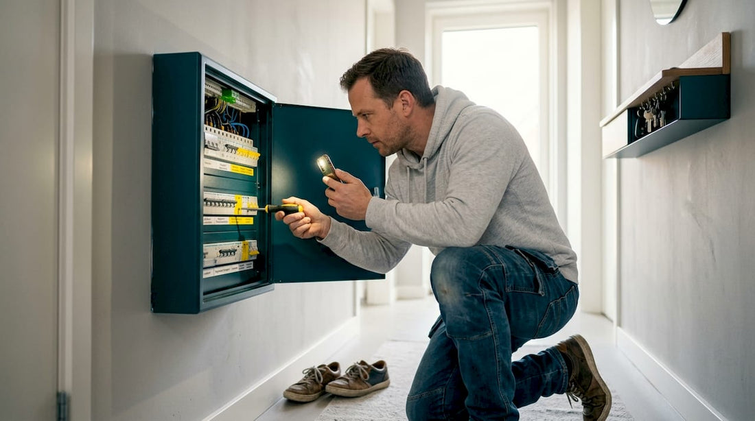 Tijdens de renovatie van zijn huis bekijkt een man aandachtig de groepenkast om te controleren of alles nog in orde is.