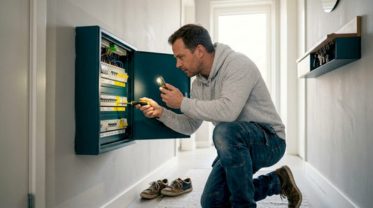 Tijdens de renovatie van zijn huis bekijkt een man aandachtig de groepenkast om te controleren of alles nog in orde is.