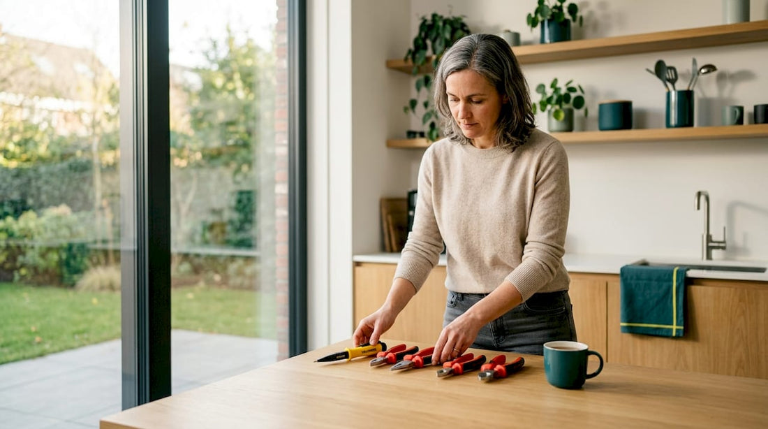 De eigenaar van het huis legt het elektrische gereedschap alvast op tafel klaar om te gebruiken.