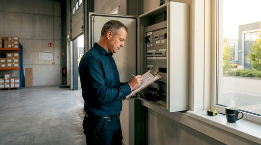 Op kantoor kijkt een medewerker de technische installatie na.