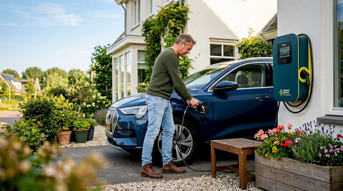 Een huiseigenaar sluit zijn elektrische auto aan op de thuislader.
