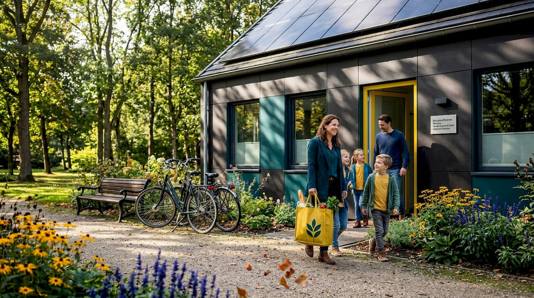 Een gezin komt aan bij hun nieuwe, energiezuinige huis met zonnepanelen op het dak.