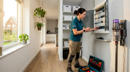 Elektricien aan het werk bij de meterkast in de bijkeuken