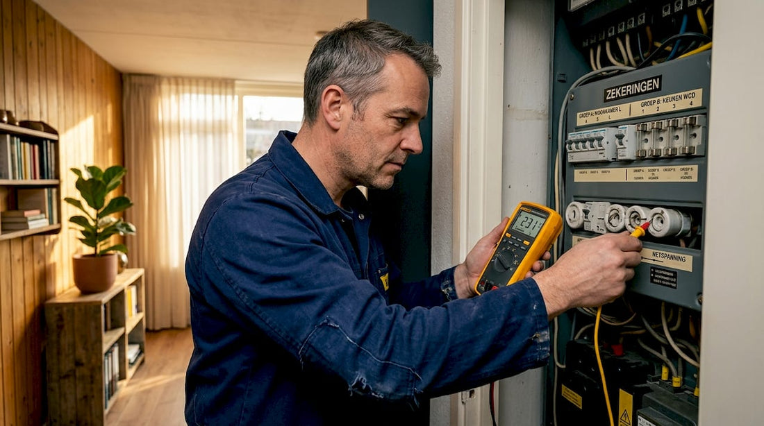 Een elektricien controleert de oude meterkast in een woning.