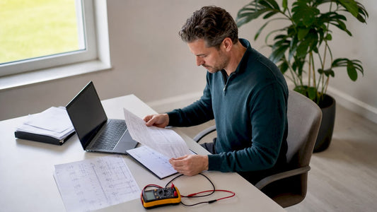 Een man bekijkt thuis de papieren van zijn elektriciteitscertificaat.