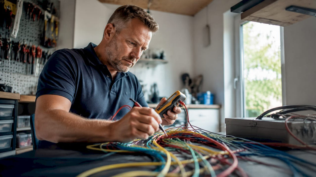 Een elektricien kijkt of de gekleurde stroomdraden goed zijn aangesloten.