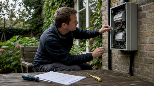 Een man controleert de elektriciteitsmeter in de meterkast thuis.