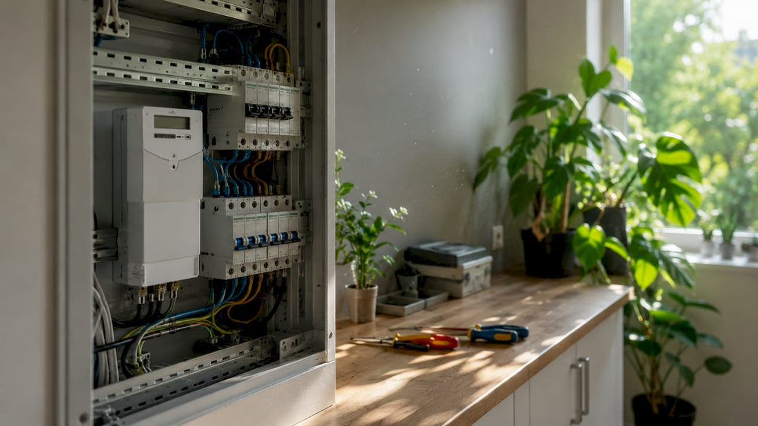 Detailopname van de kWh-meter in de groepenkast thuis