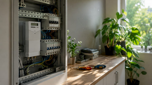 Detailopname van de kWh-meter in de groepenkast thuis