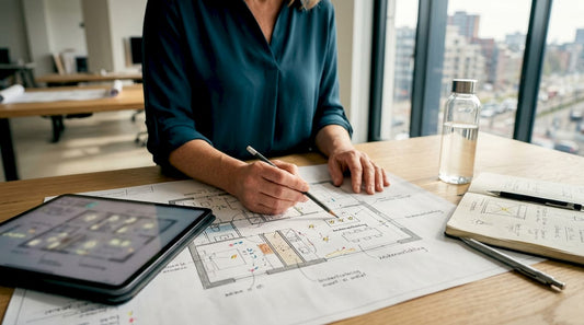 Handen wijzen samen naar verlichtingsplannen die op het bureau van de architect liggen.