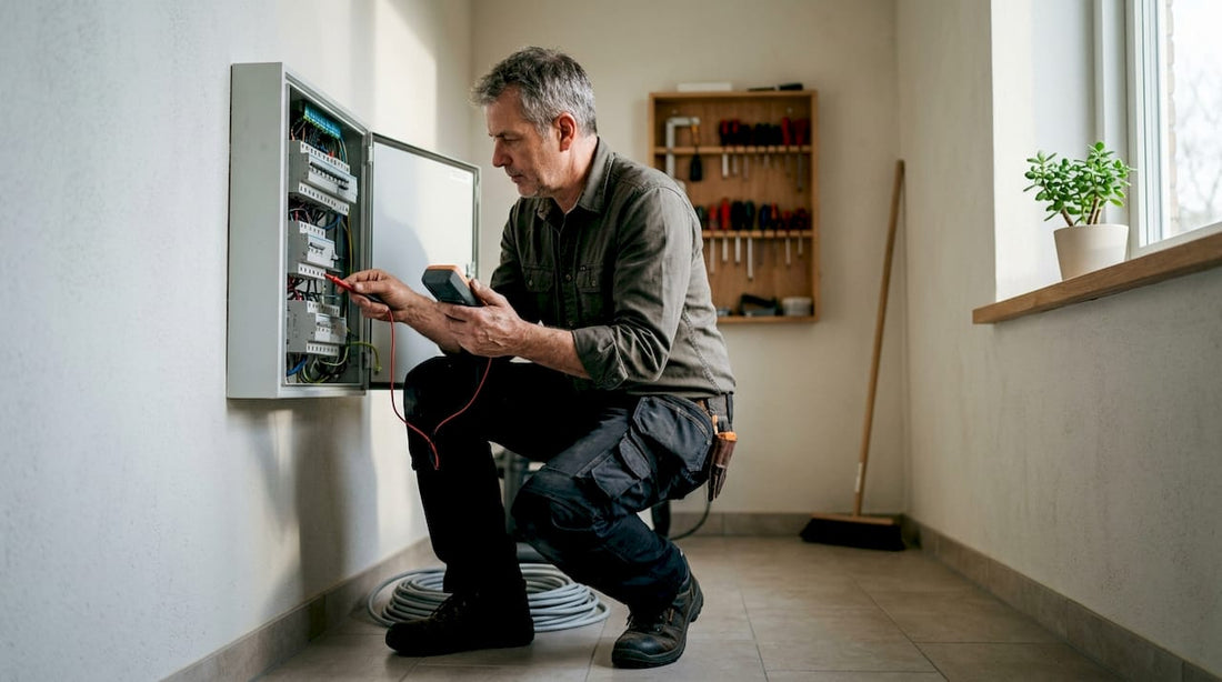 Een elektricien controleert de meterkast met een multimeter.