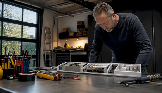 Een elektricien bekijkt en vergelijkt verschillende certificaten en offertes in zijn werkplaats.