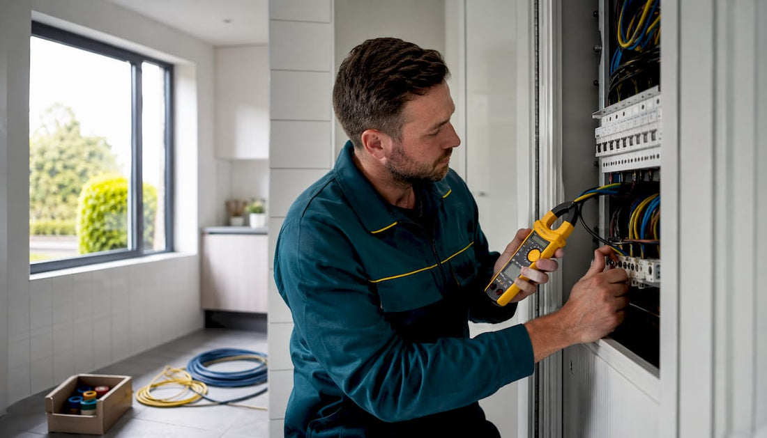 Een elektricien controleert op lekstroom in de meterkast.