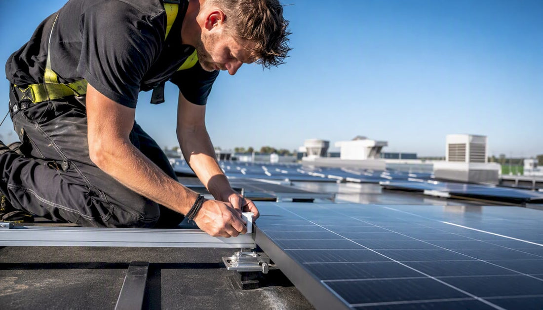 Op het dak van een bedrijfspand brengt een installateur zonnepanelen aan.
