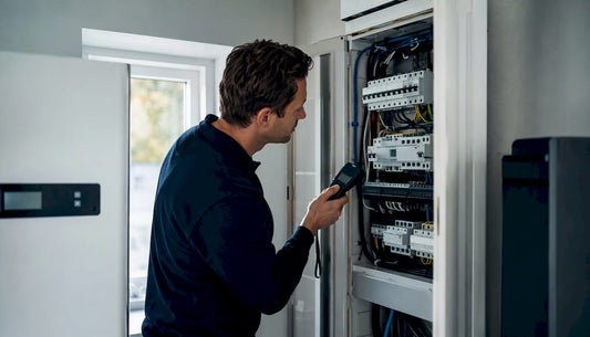 Een monteur controleert de meterkast in een woning.