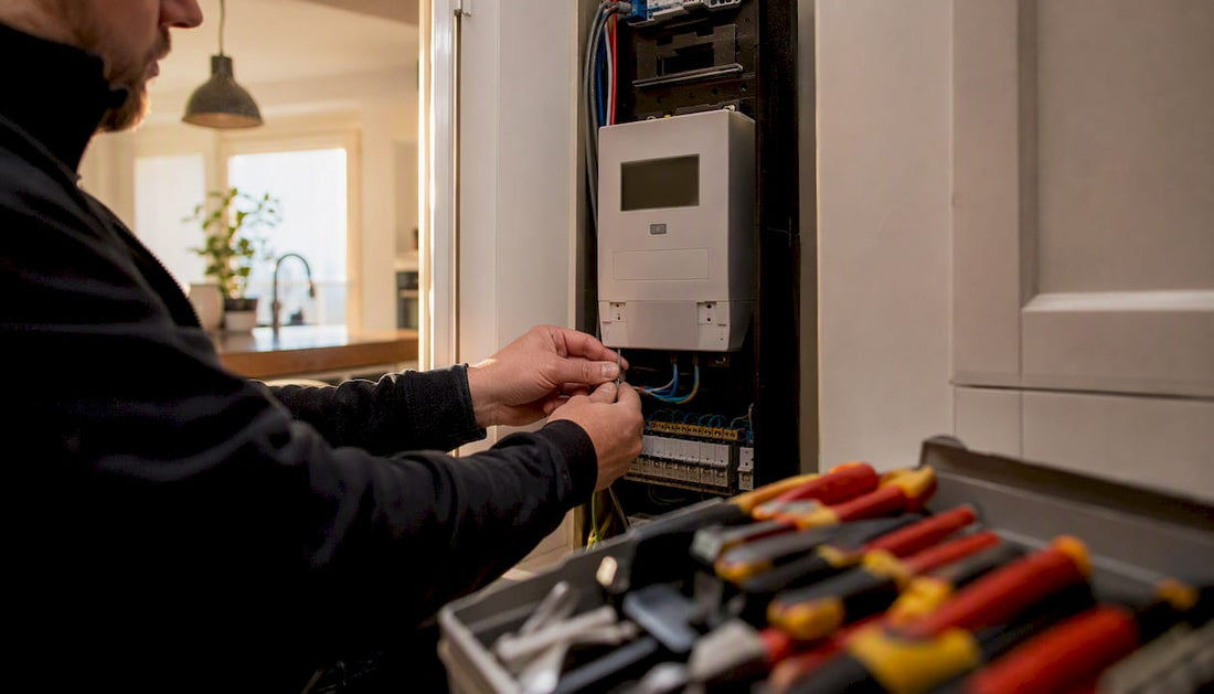 Een elektricien plaatst een slimme meter.