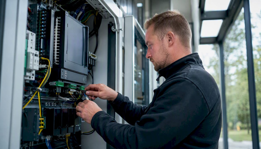 Een elektricien is bezig met het installeren van een energiemanagementsysteem.