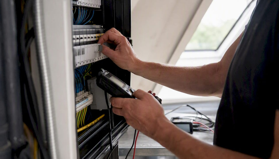 Een elektricien controleert de meterkast van een bedrijfspand.