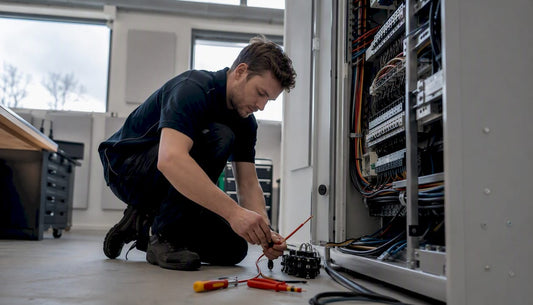 Een elektricien sluit bedrading aan in een groepenkast.