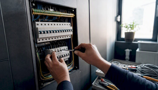 Een elektricien is bezig met het aansluiten van bedrading in een schakelkast.