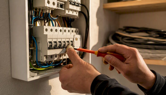 Een elektricien controleert de werking van de aardlekschakelaar in de meterkast.