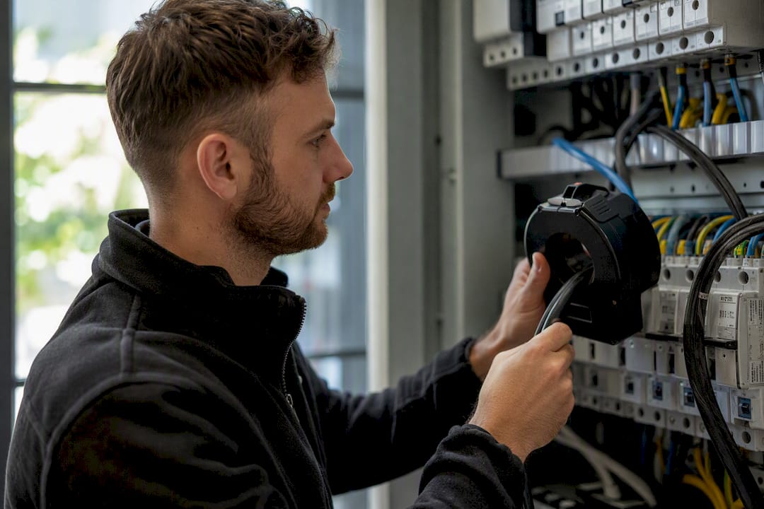 Een elektricien voert metingen uit aan een stroomtransformator in de technische ruimte.