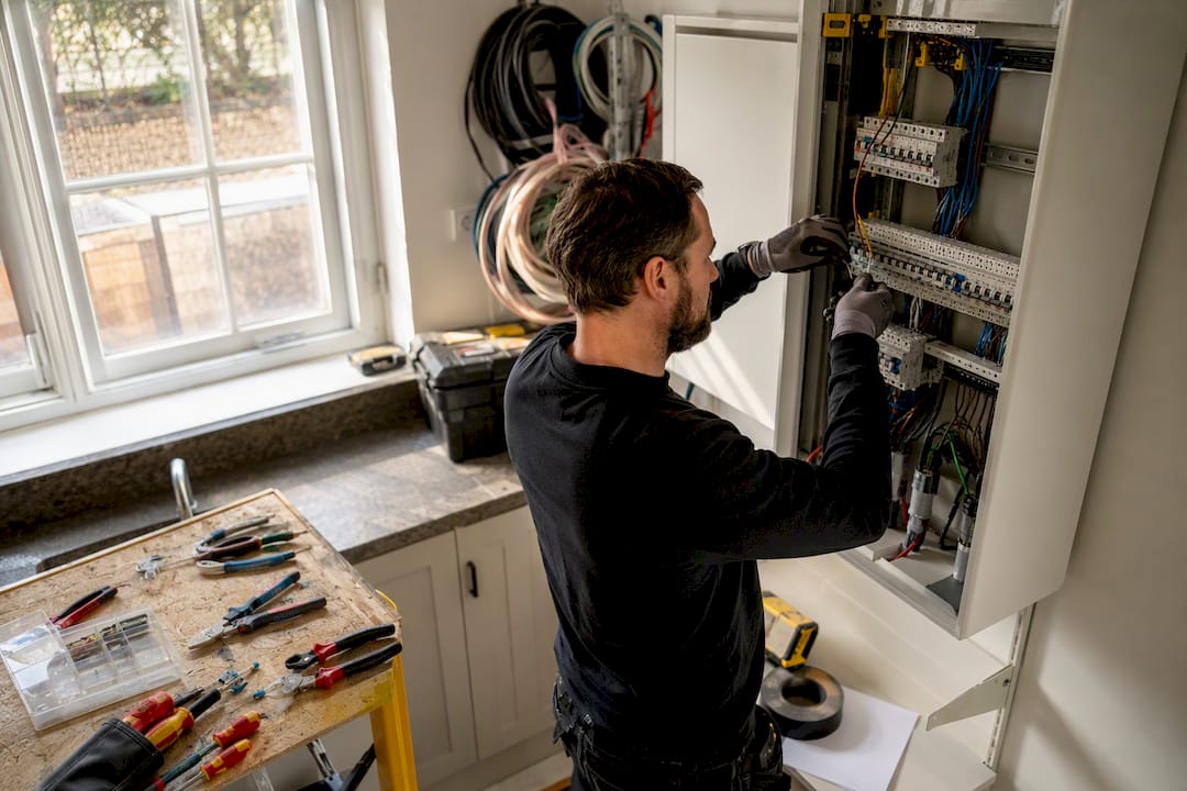 Een elektricien legt nieuwe bedrading aan in de meterkast.