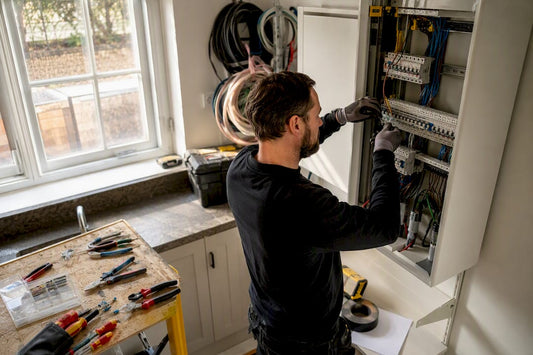 Een elektricien legt nieuwe bedrading aan in de meterkast.