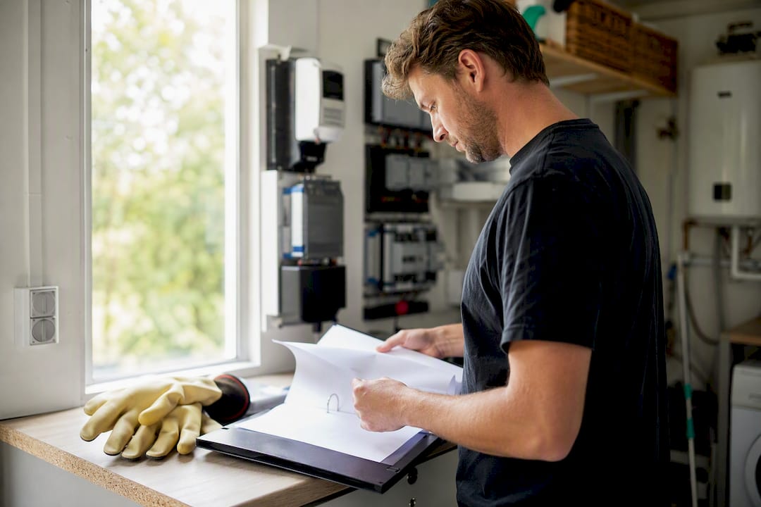 Elektricien controleert certificeringsdocumenten bij het elektrische paneel