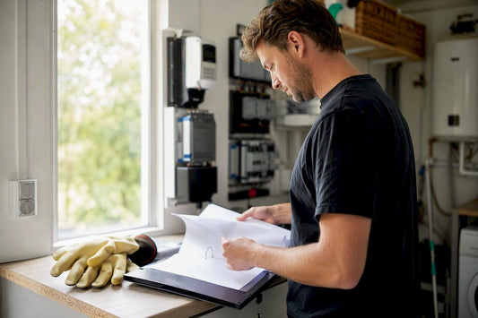 Elektricien controleert certificeringsdocumenten bij het elektrische paneel