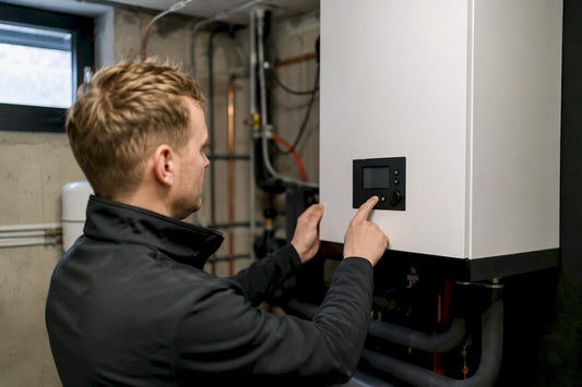 Een elektrotechnicus is bezig met de bedrading van een hybride warmtepomp