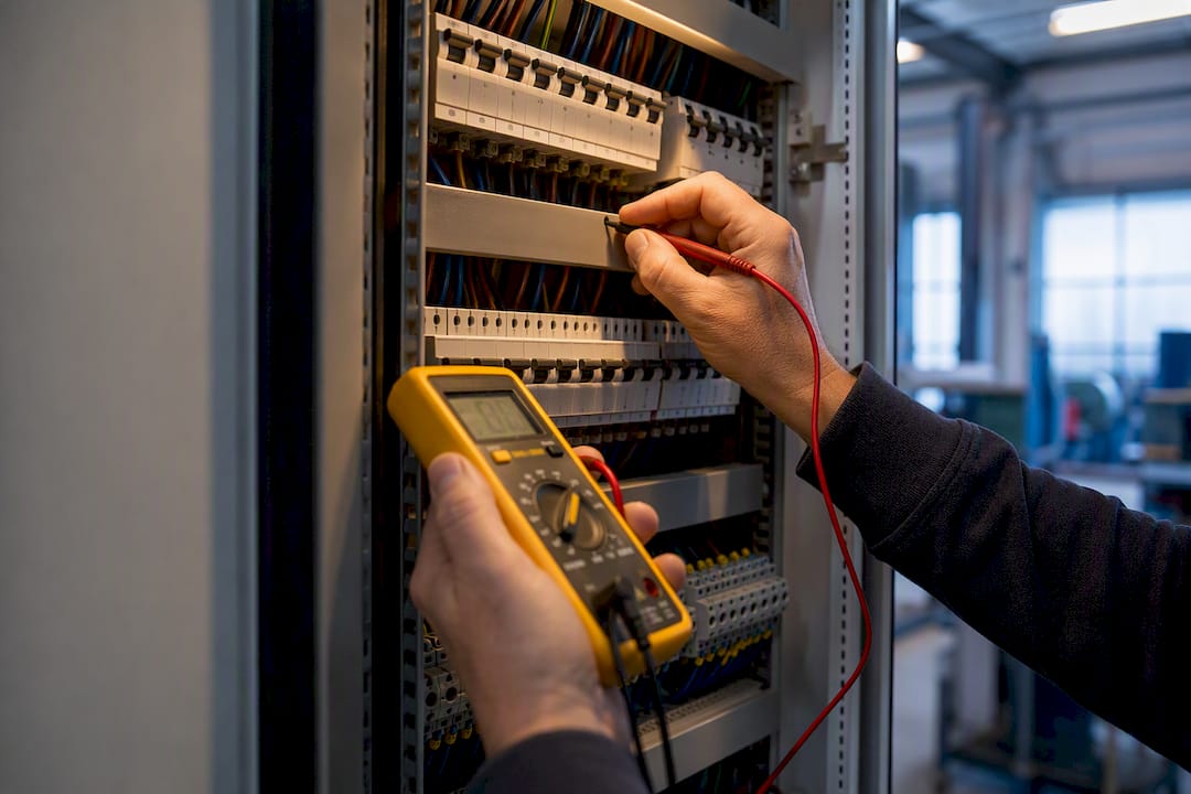 Inspecteur voert controle uit op bedrijfsinstallatie in verdeelruimte
