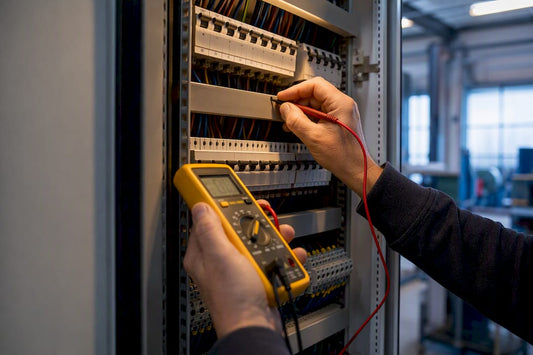 Inspecteur voert controle uit op bedrijfsinstallatie in verdeelruimte
